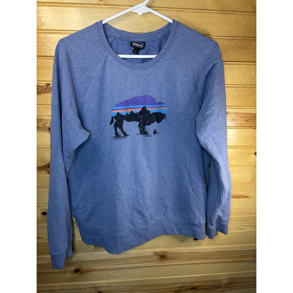 Patagonia Women's Fitz Roy Bison Pullover Crewneck Sweatshirt Size Large Blue - Picture 2 of 7